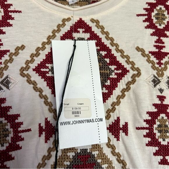 Johnny Was JW Los Angeles Cream Aztec Embroidered 3/4 Sleeve Tee Size Small - Picture 10 of 12